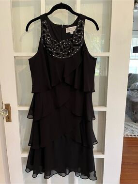 Black Beaded Tiered Evening Dress